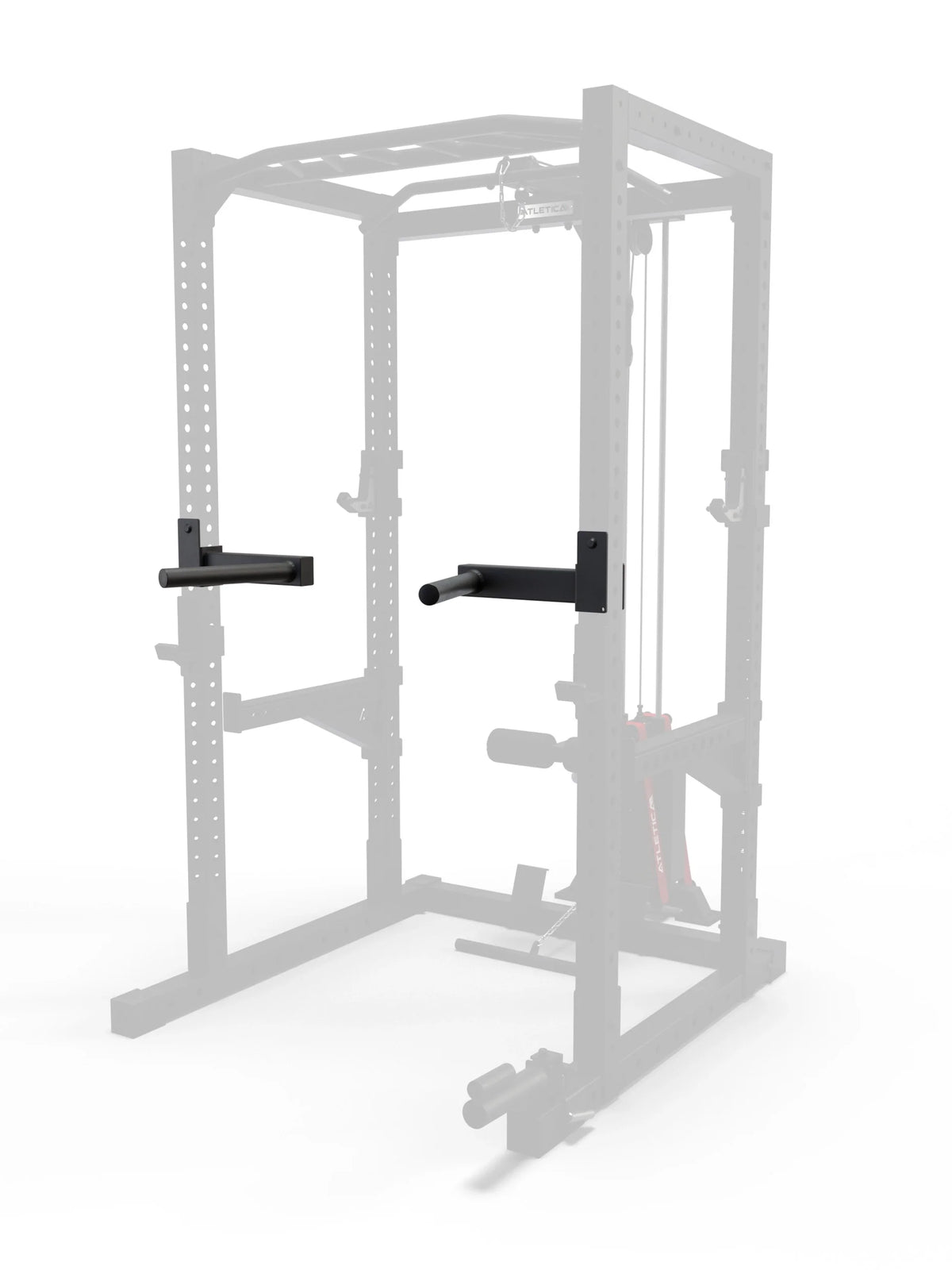R7 Dip Station mounted on the Power Rack for dips and upper body training with parallel steel handles