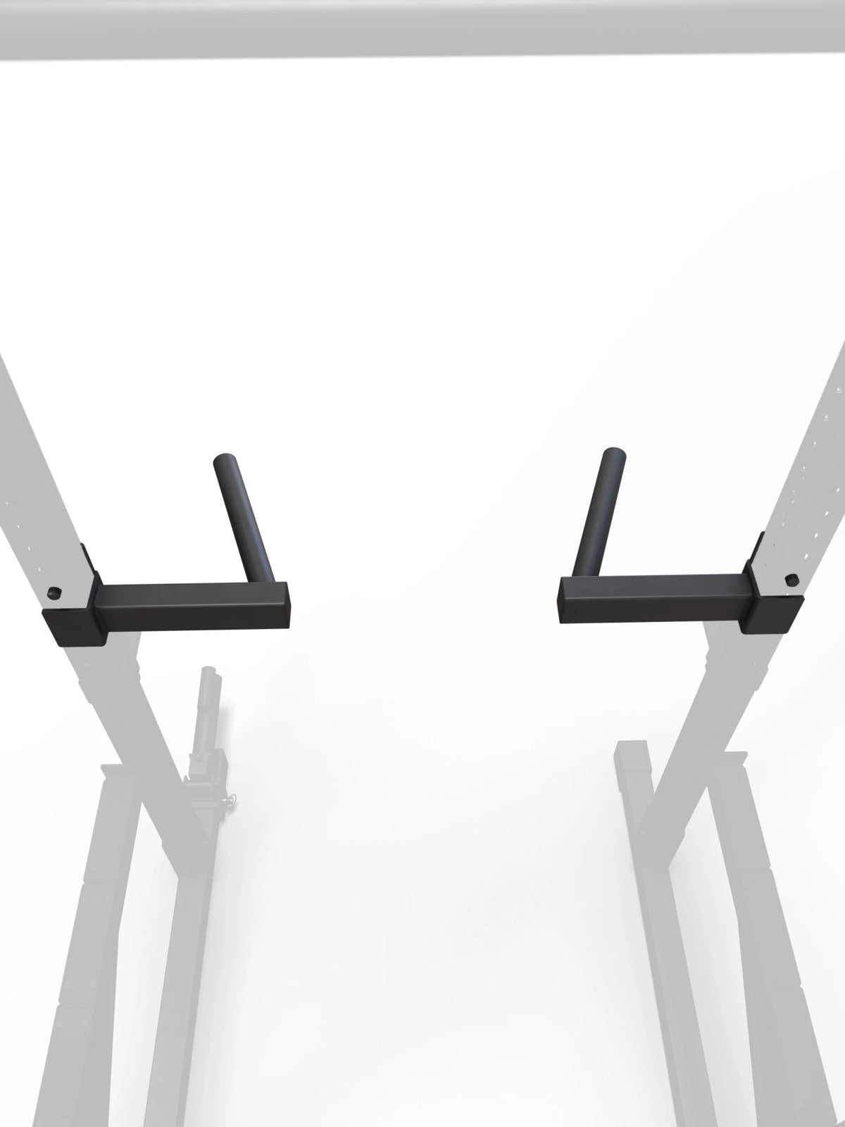 R7 Dip Station mounted on the Power Rack with parallel-arranged dip handles for upper body training