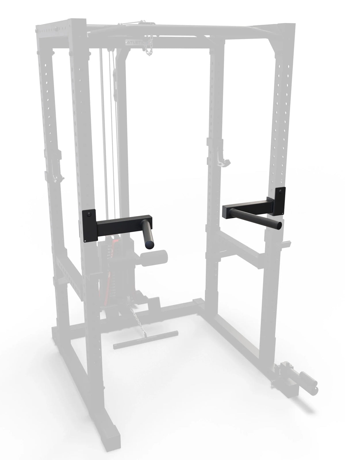 R7 Dip Station in front view attached to the rack with sturdy plug-in construction and black dip arms