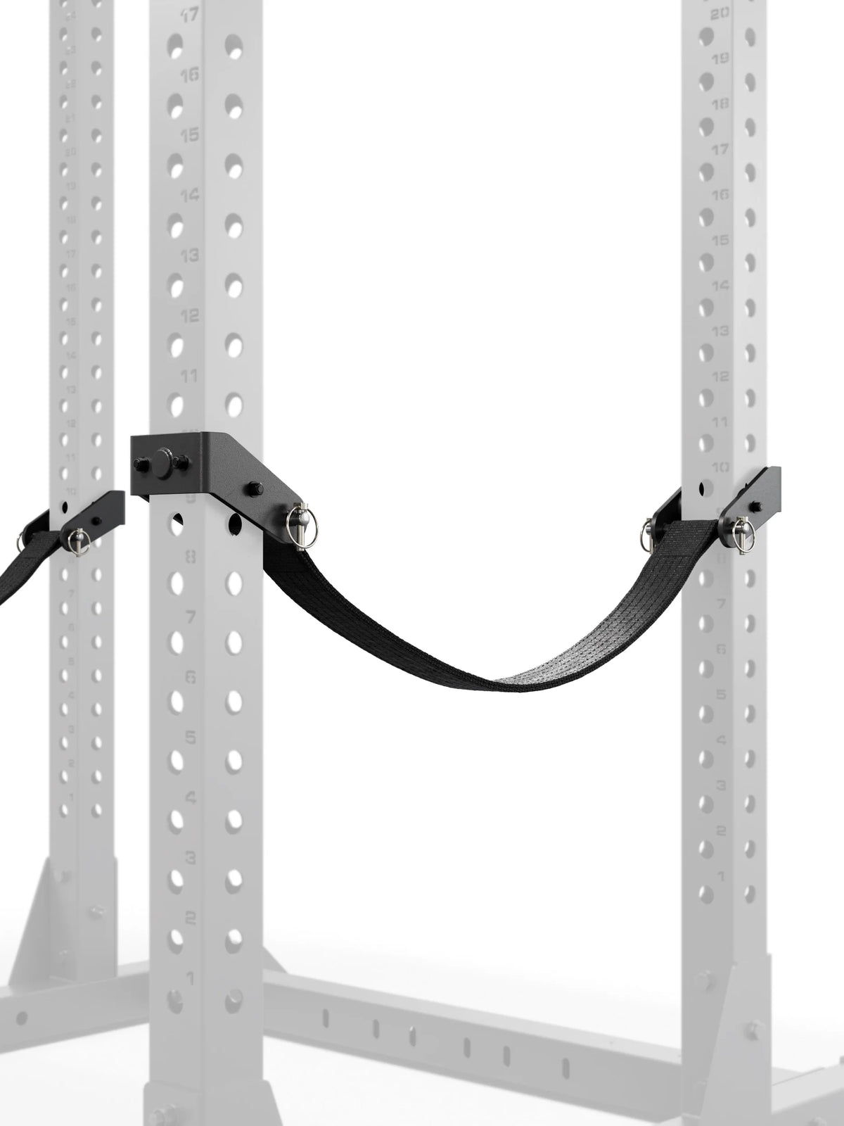 Atletica R7 Safety Strap height-adjustable mounted on the Power Rack – flexible safety rest