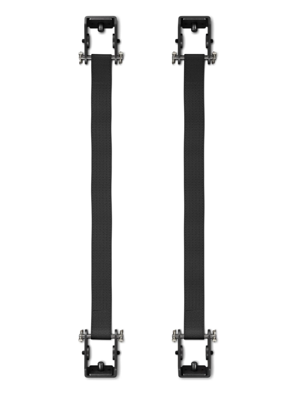 Atletica R7 Safety Straps – two black nylon straps with metal ends, bird's-eye view