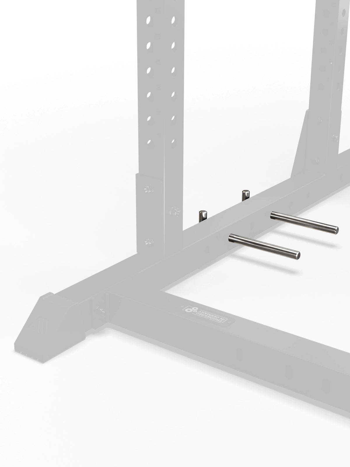Atletica R7 band pegs installed in the base of a power rack, side angled view