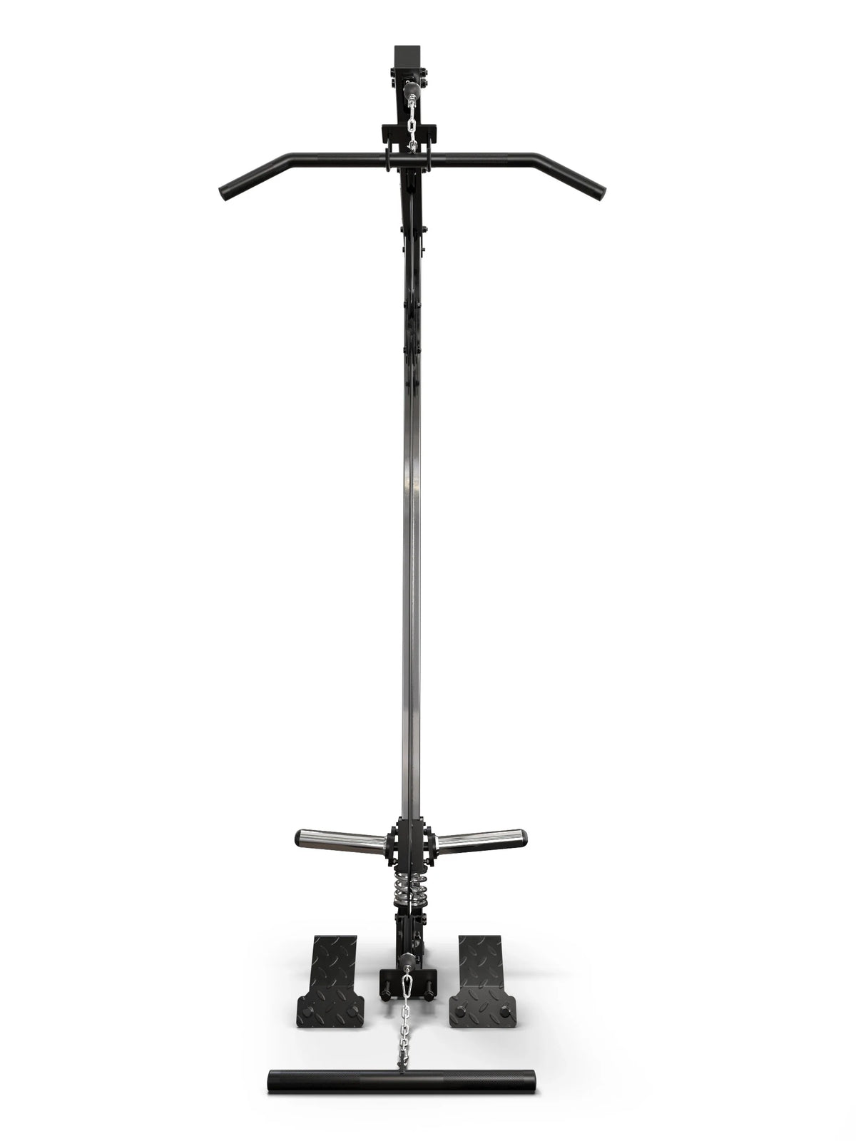 Atletica R7 Lat Pulldown Plate Load High Version, with weight plate holders, lat pulldown bar and knee pad - front view
