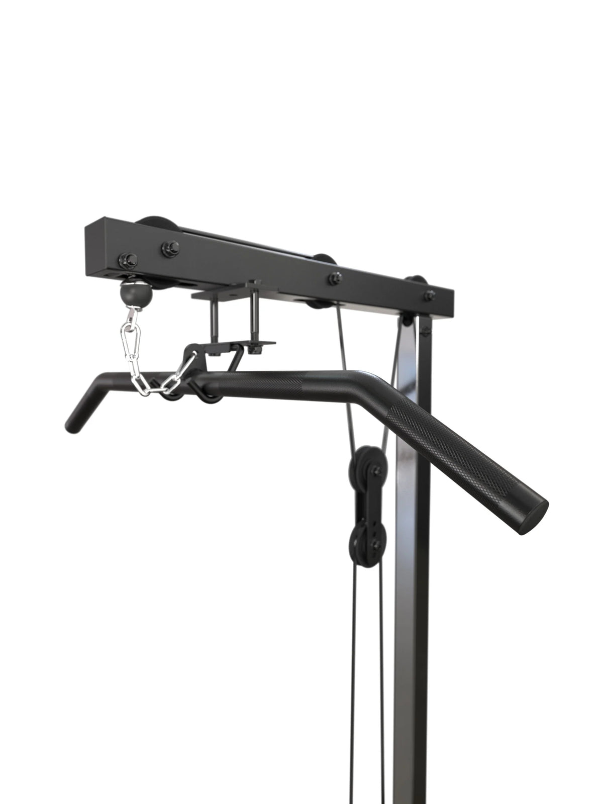 Atletica R7 Lat Pulldown Plate Load High Version- Close-up of the upper pulley and lat pulldown bar