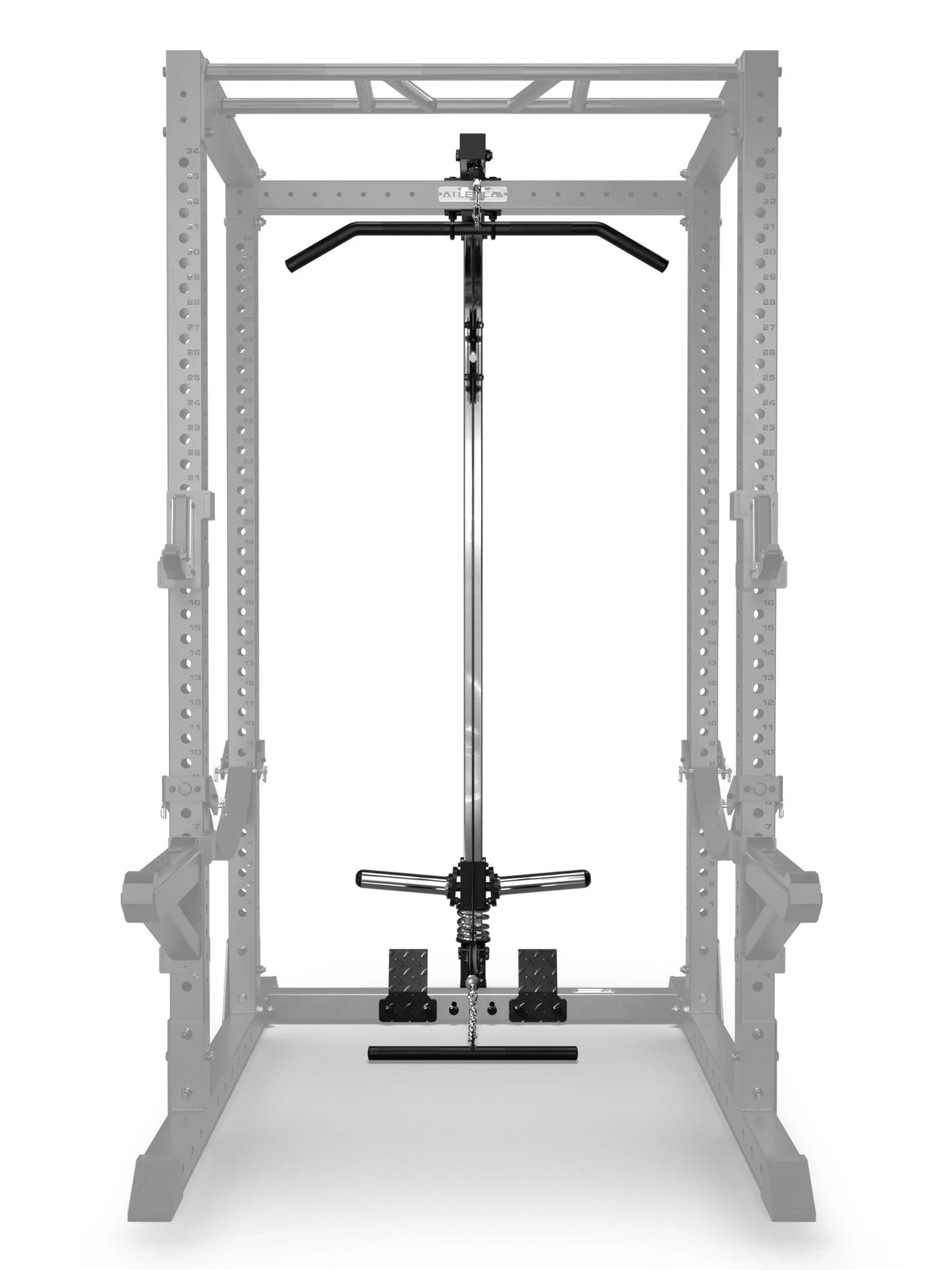 Atletica R7 lat pulldown attachment, high plate-loaded version, mounted in a power rack, front view