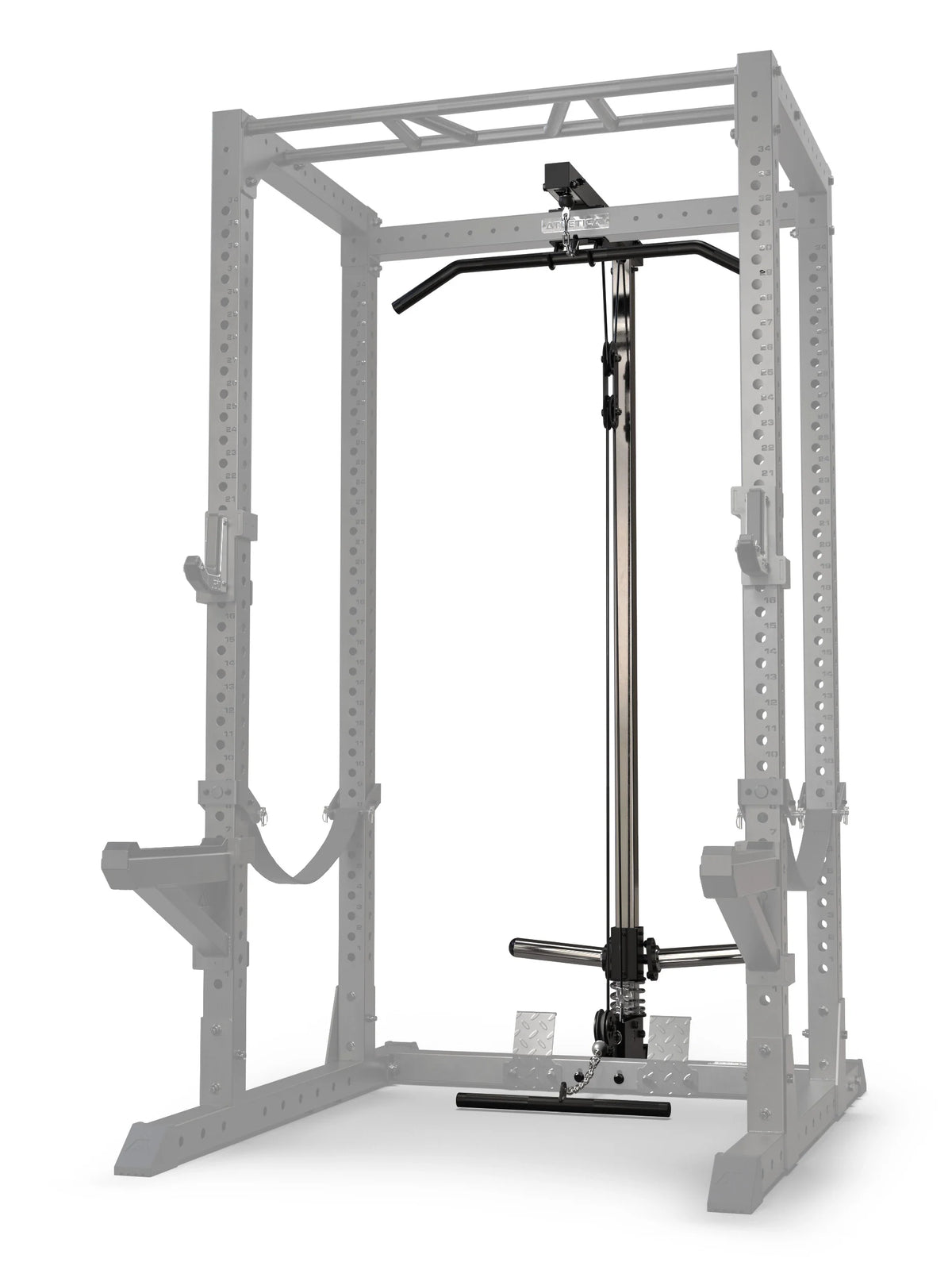 Atletica R7 lat pulldown attachment, high plate-loaded version, mounted in a power rack, angled view