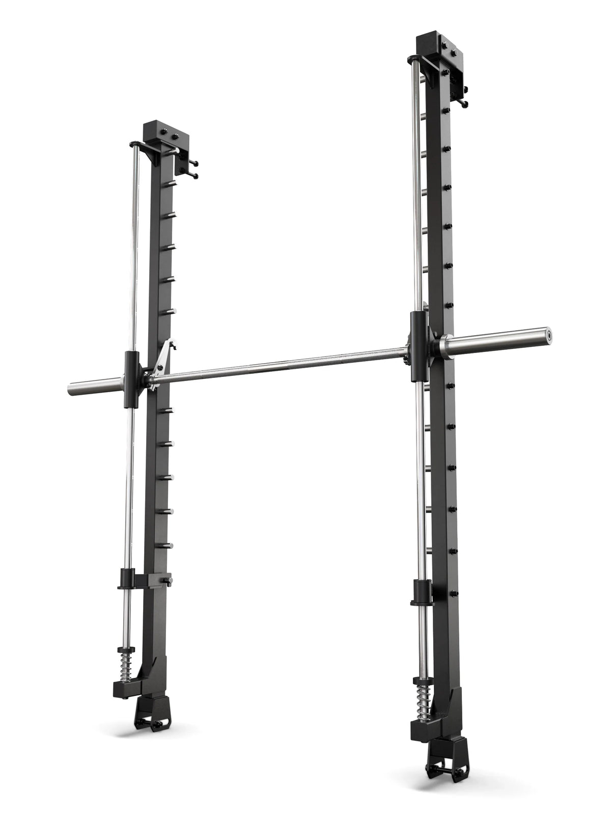 Atletica R7 Smith machine attachment 87 inch with bar, standalone, angled view