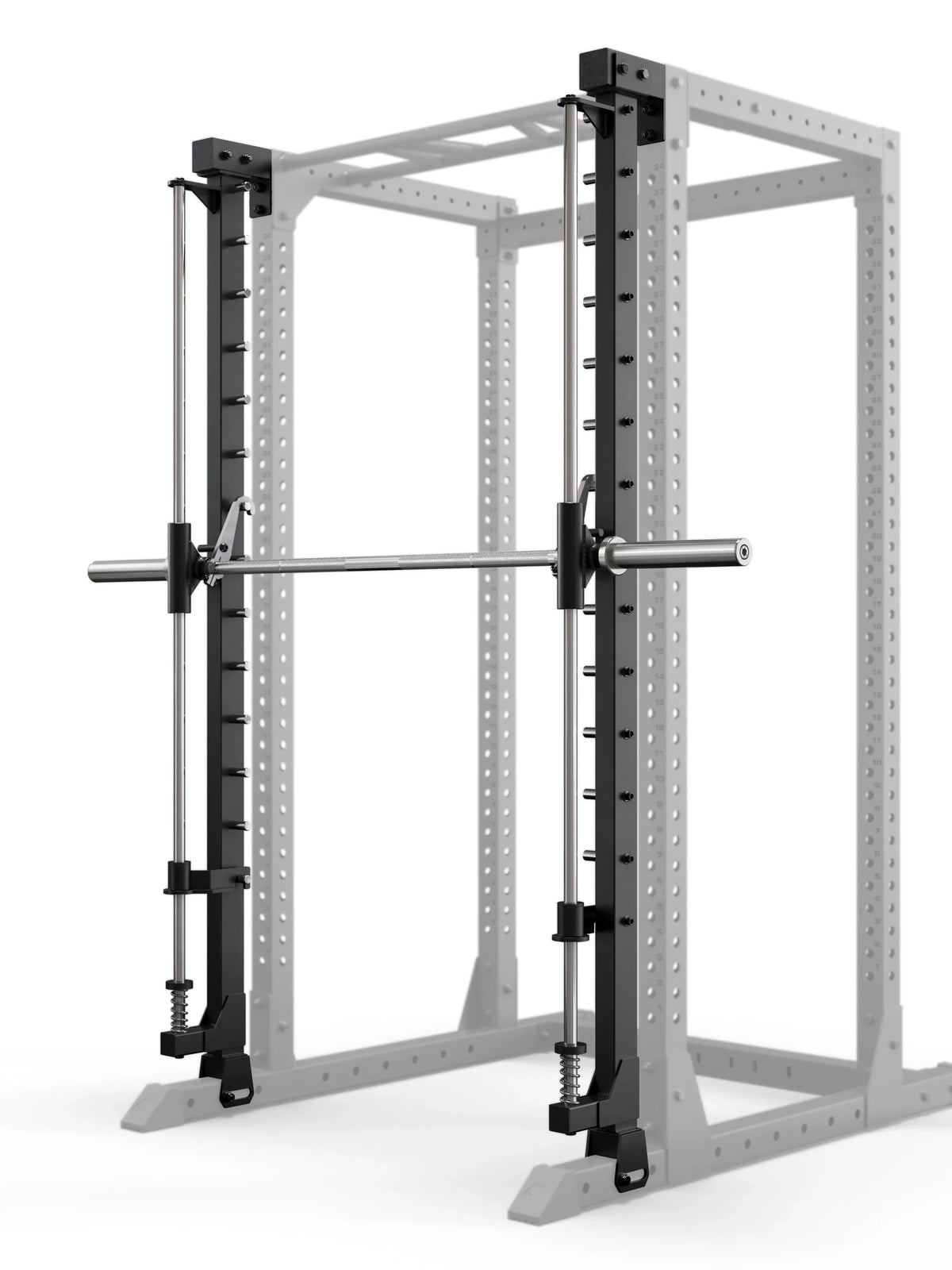 Atletica R7 Smith machine attachment 87 inch mounted in a power rack outline, angled front view