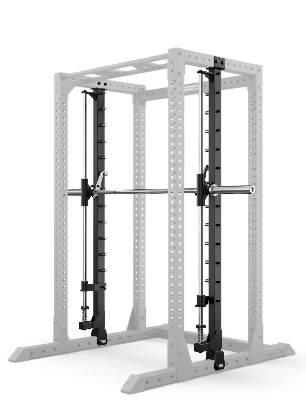 Atletica R7 Smith machine attachment installed in a power rack, angled side view
