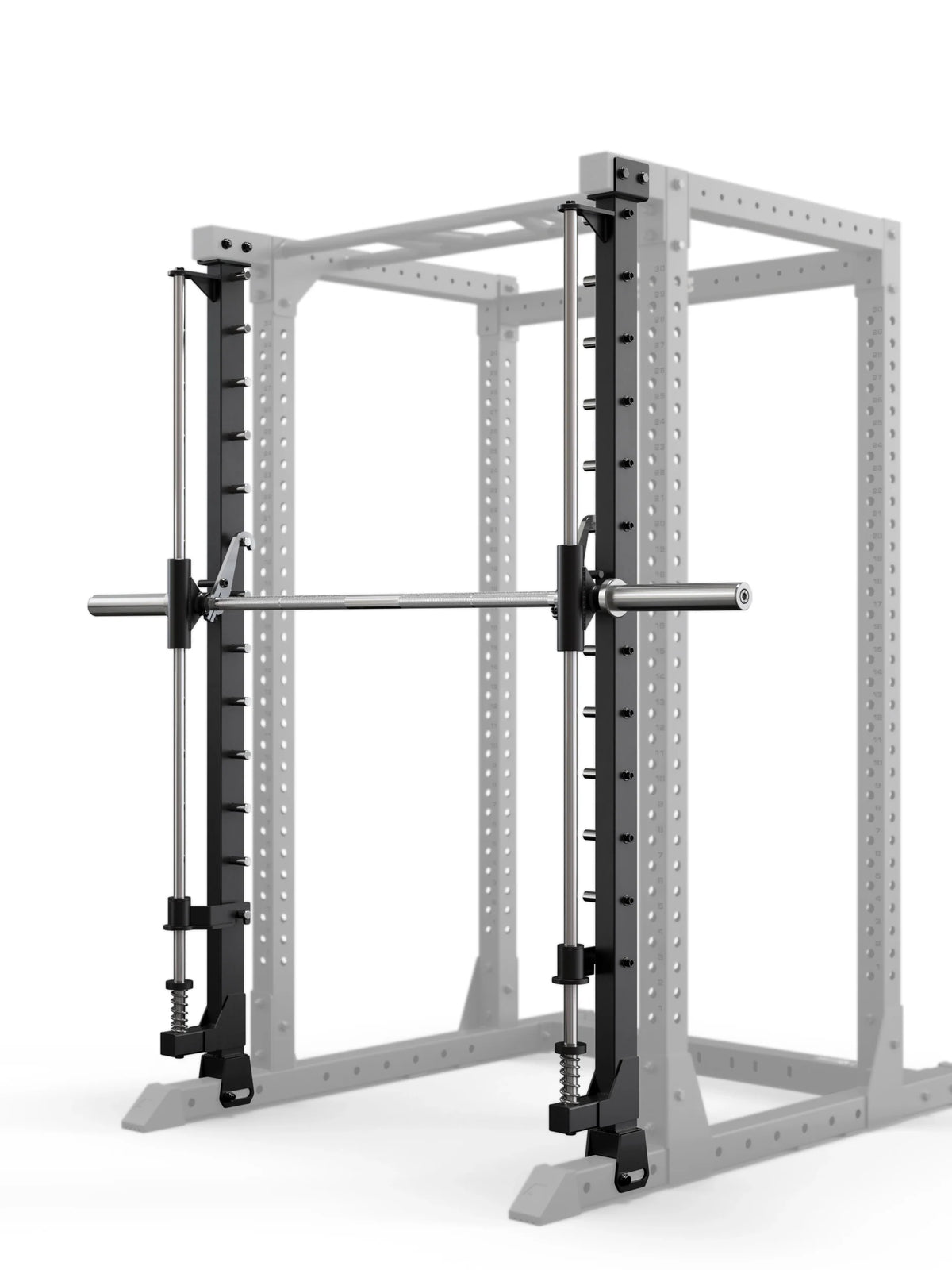 Atletica R7 Smith machine attachment 79 inch installed in a power rack, angled view
