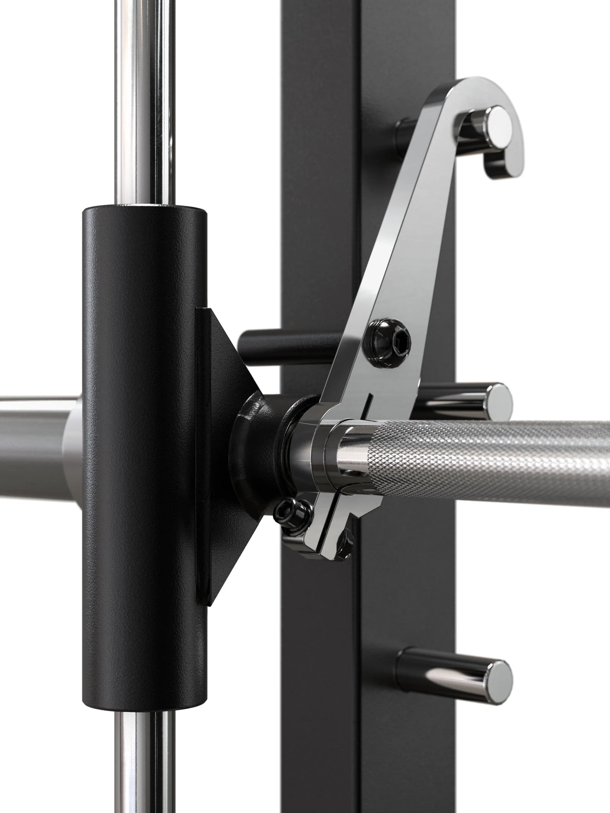 Atletica R7 Smith machine attachment, detail of the bar carriage and safety hook