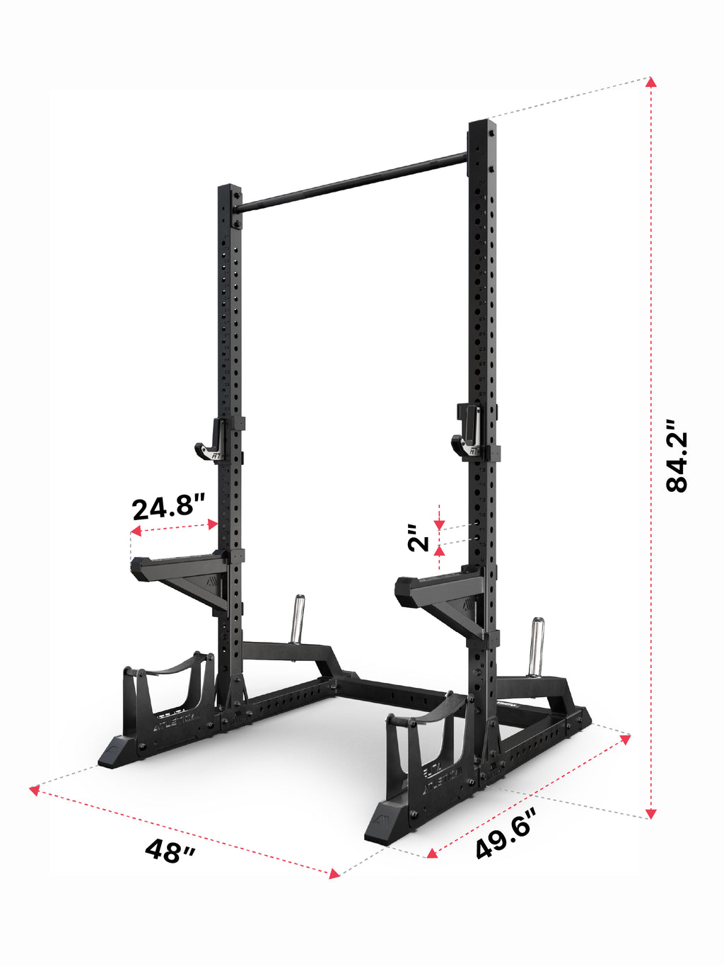ATLETICA R7 Half Rack – angled view with J-Hooks Performance, spotter arms, deadlift station and plate storage