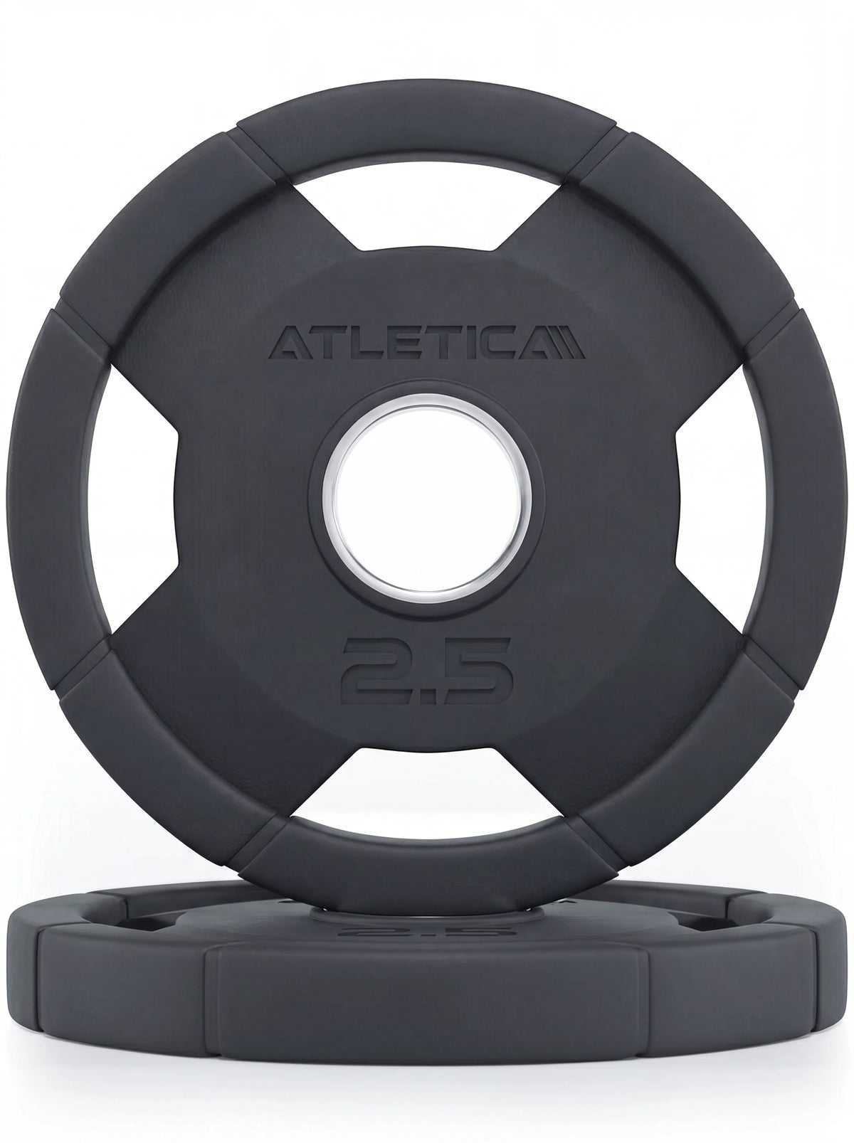 Atletica 4H grip plates pair 6 lb with steel center ring, one standing on one lying, front view