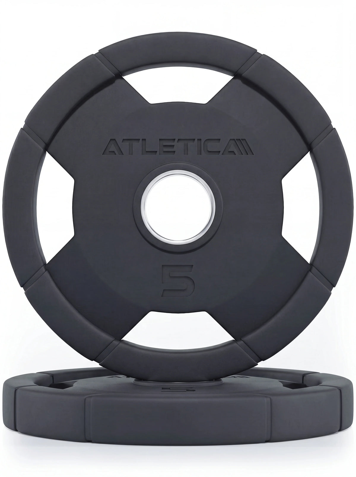 Atletica 4H grip plates pair 11 lb, one standing on one lying, front view