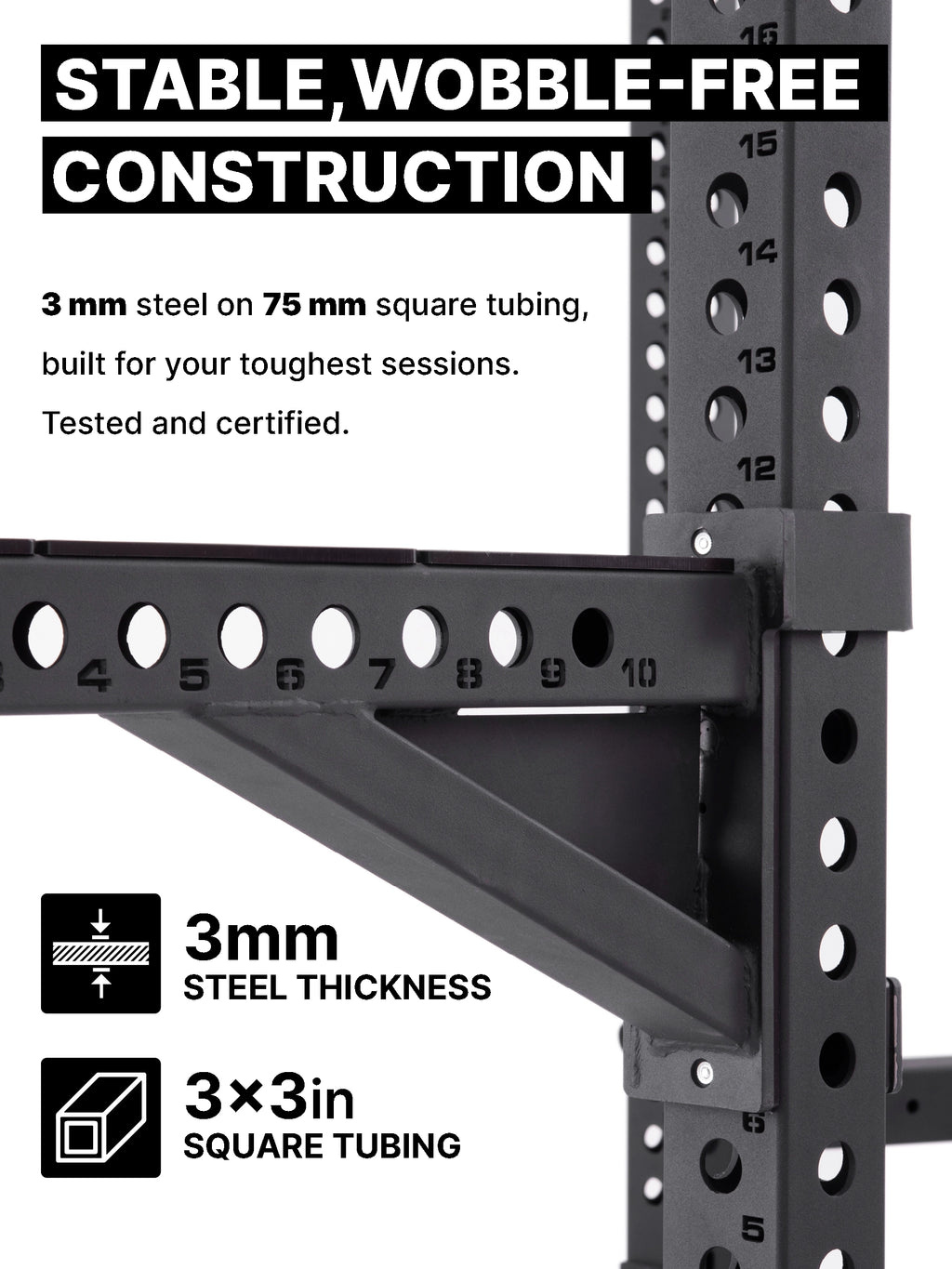 R8 BlackHawk Power Rack in black – 11-gauge steel thickness on 3"x3" square tube