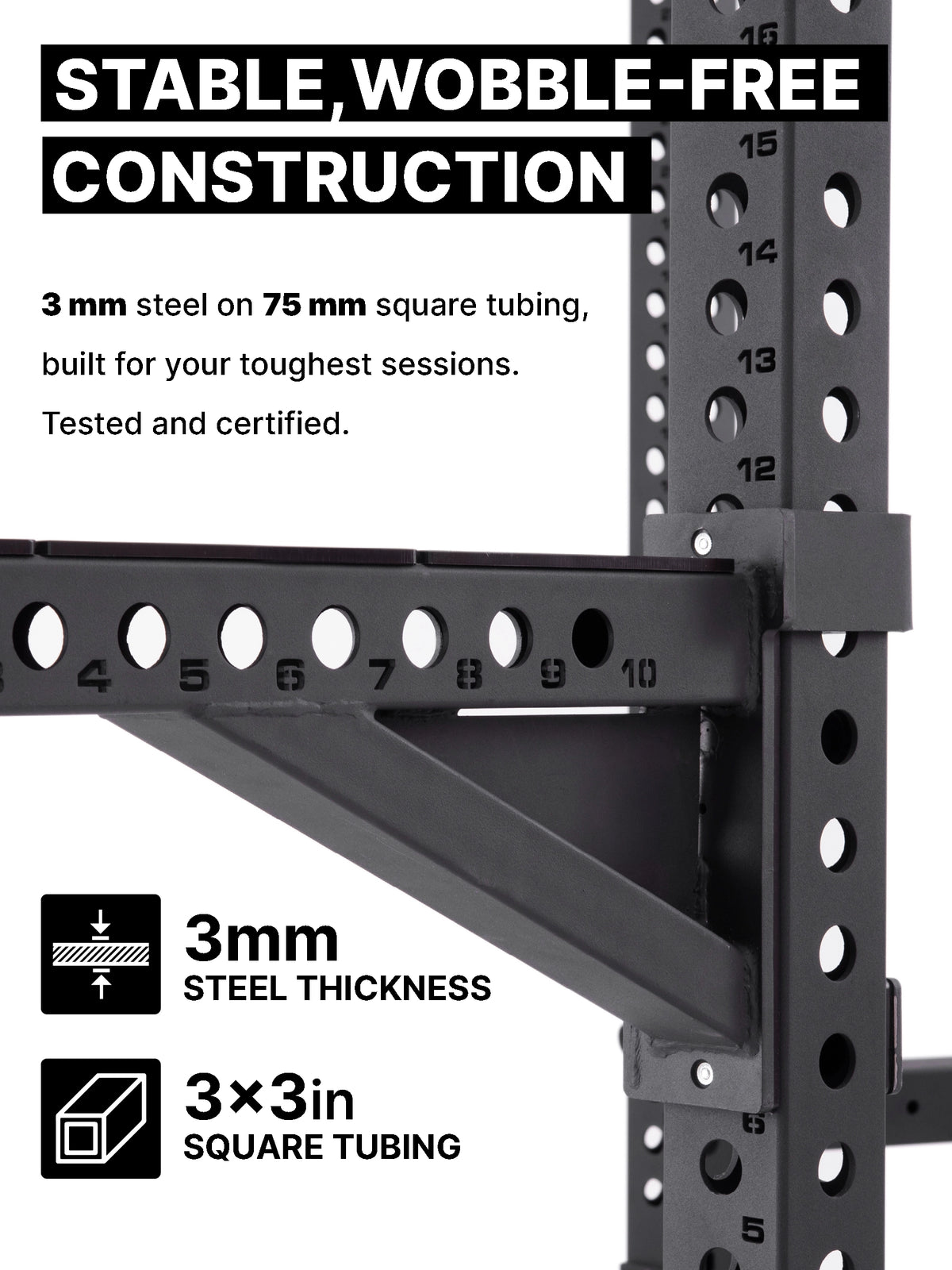R8 BlackHawk Power Rack in black – 11-gauge steel thickness on 3"x3" square tube
