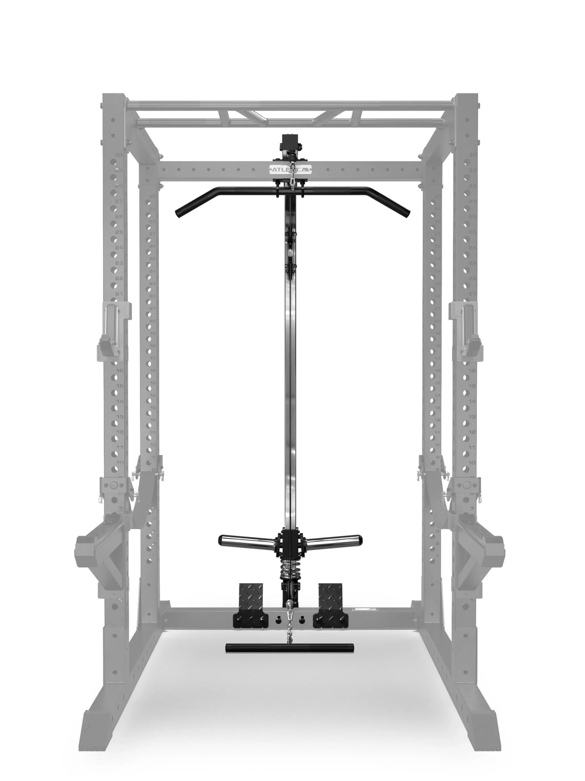 Front view of the R7 Lat Pulldown Extension Plate Load Low Version, mounted on the back of an R7 Atletica Power Rack