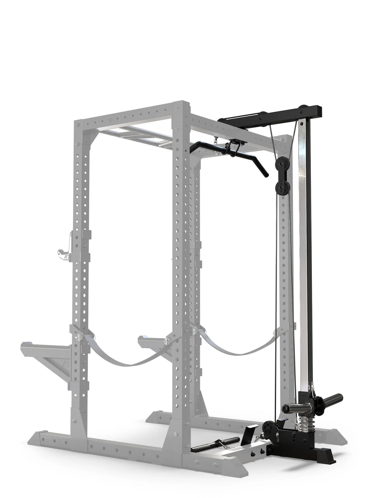 Atletica R7 lat pulldown attachment, low plate-loaded version, mounted on the rear of a power rack