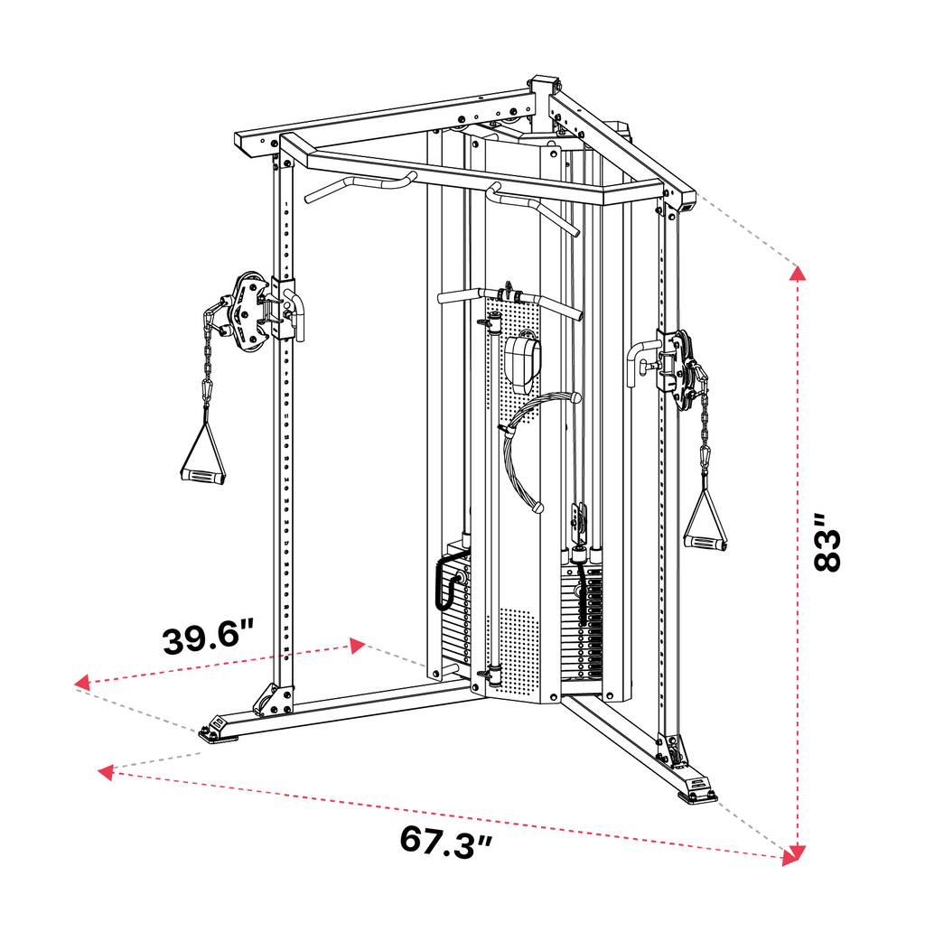 Atletica Harrier functional trainer with dual weight stacks and cable handles, front angled view