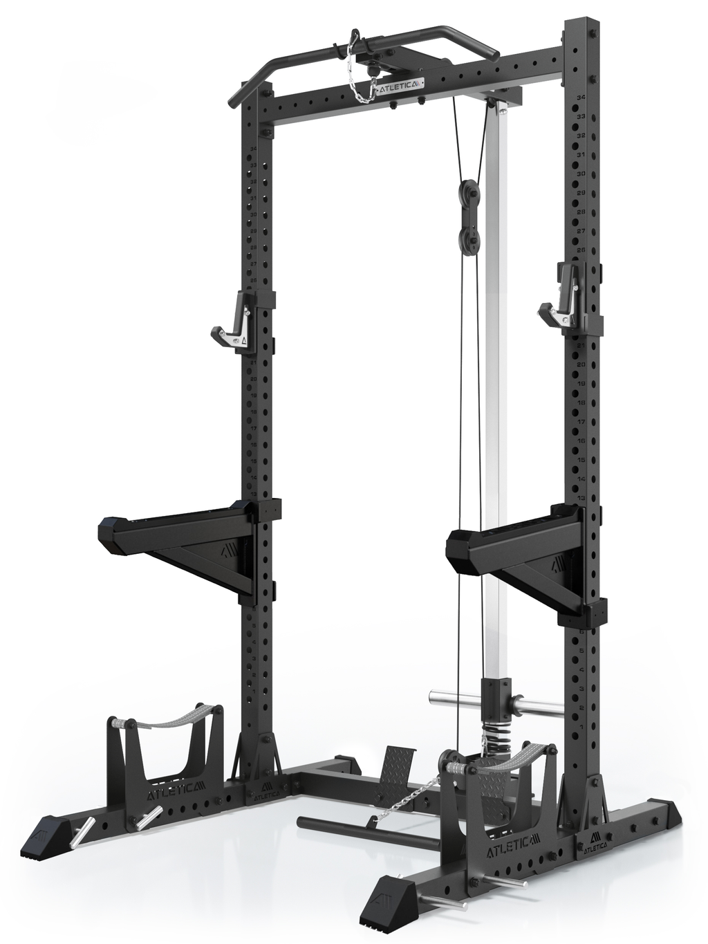 ATLETICA R7 Rider Plate Loaded squat rack with cable tower – angled front view