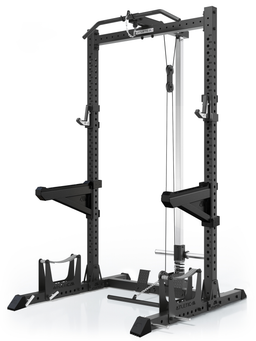 ATLETICA R7 Rider Plate Loaded squat rack with cable tower – angled front view