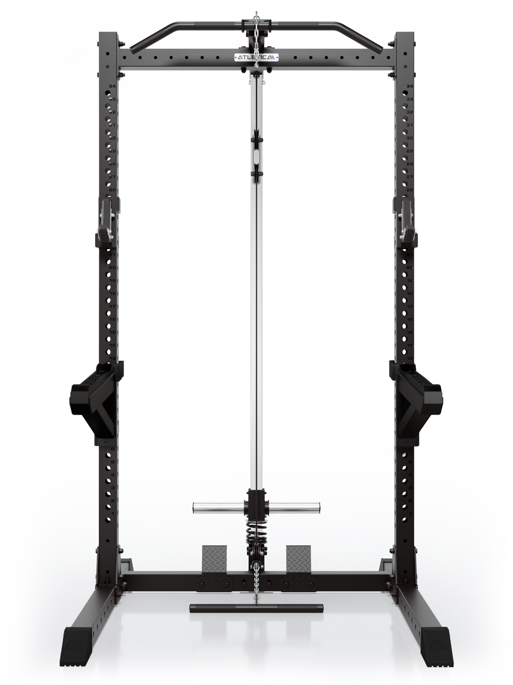 ATLETICA R7 Rider Plate Loaded – front view with lat pulldown and low row