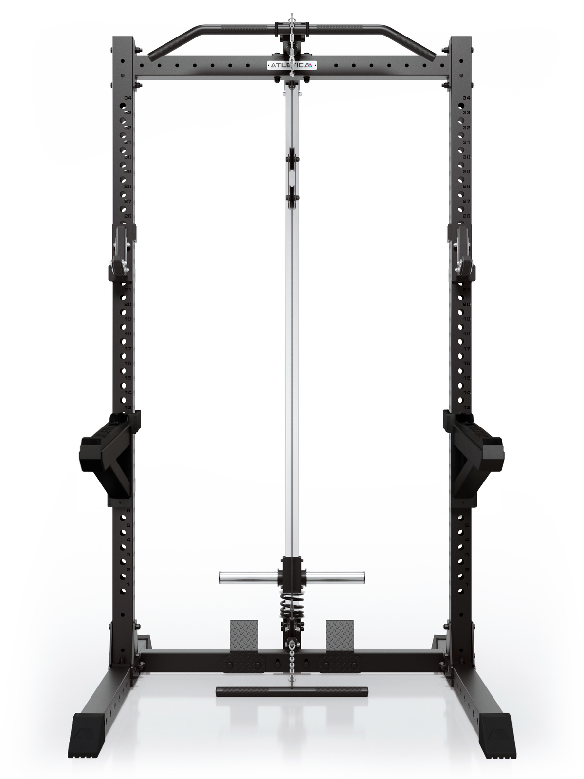 ATLETICA R7 Rider Plate Loaded – front view with lat pulldown and low row