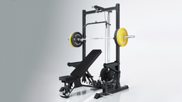 ATLETICA R7 Rider Plate Loaded with weight bench and loaded barbell in a home gym