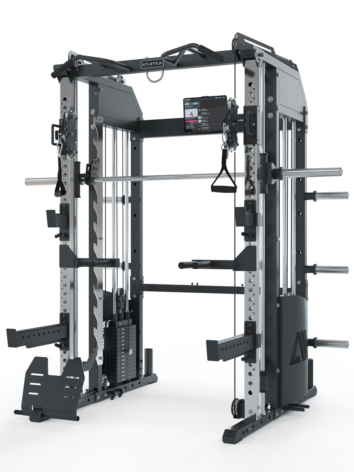 Atletica Fallout Base all-in-one trainer with Smith machine and cable stations, angled view