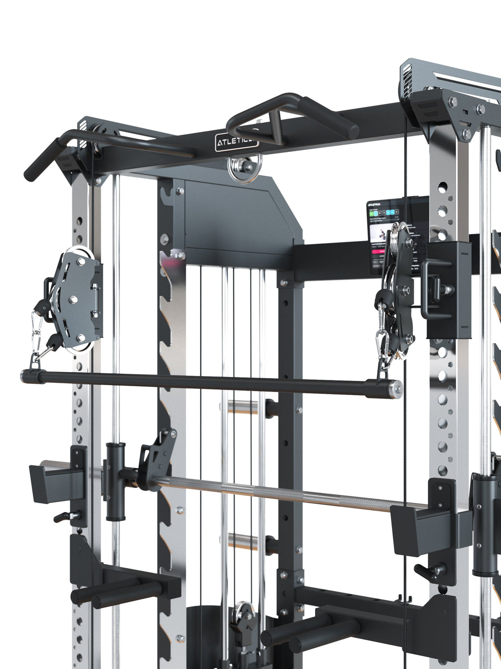 Atletica Fallout Base all-in-one trainer, close-up of the pulleys and Smith bar