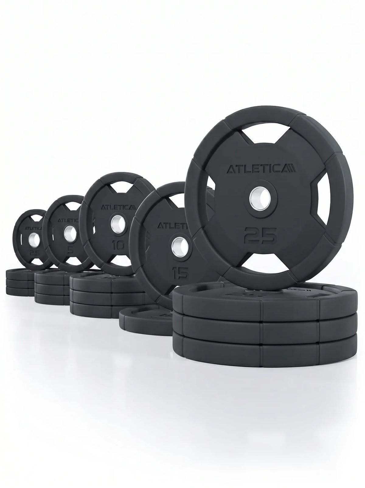 Atletica 4H Grip Plates set 441 lb (200 kg), plates lined up with largest plates stacked