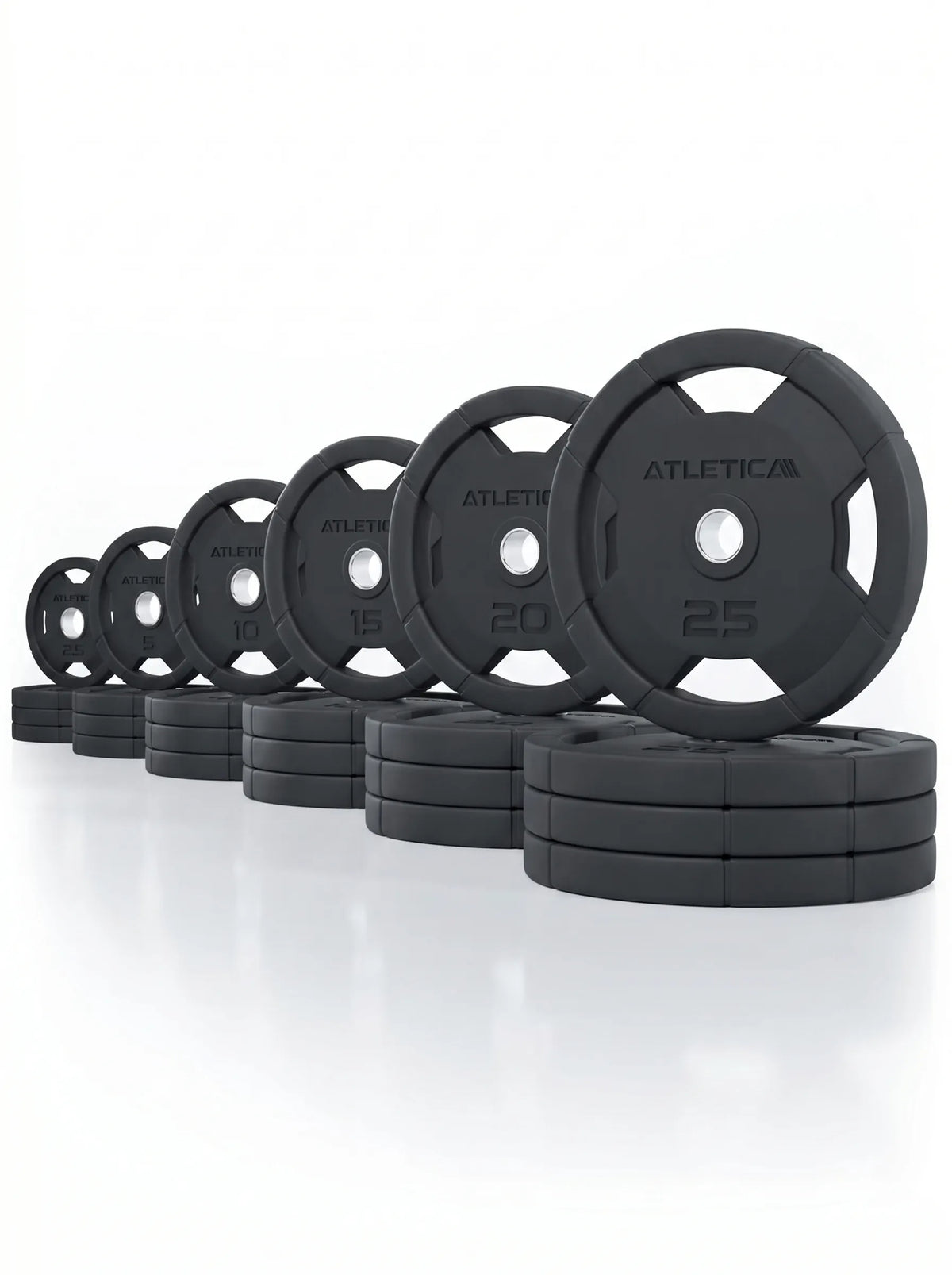 Atletica 4H Grip Plates set 683 lb (310 kg), six plate sizes lined up in stacks