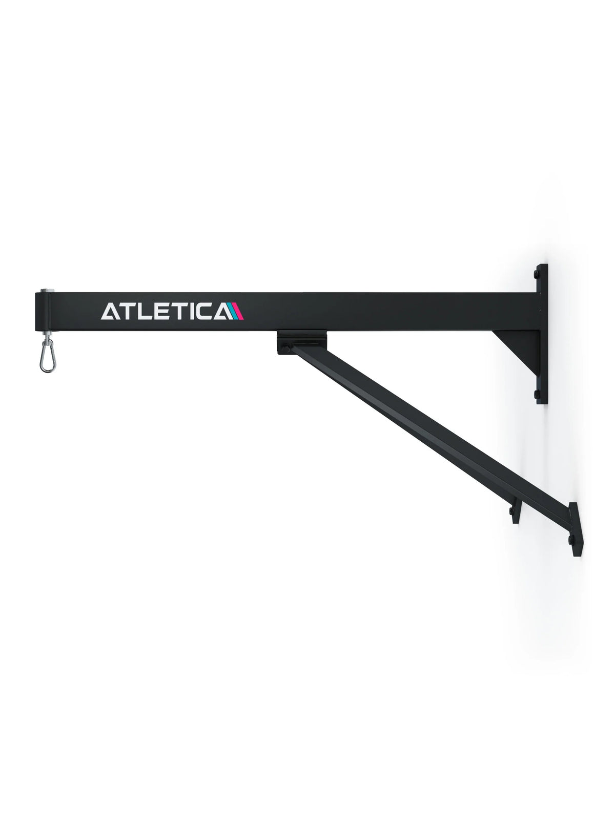 Wall mount  for punching bag with hook, logo on crossbar, mounted on white wall