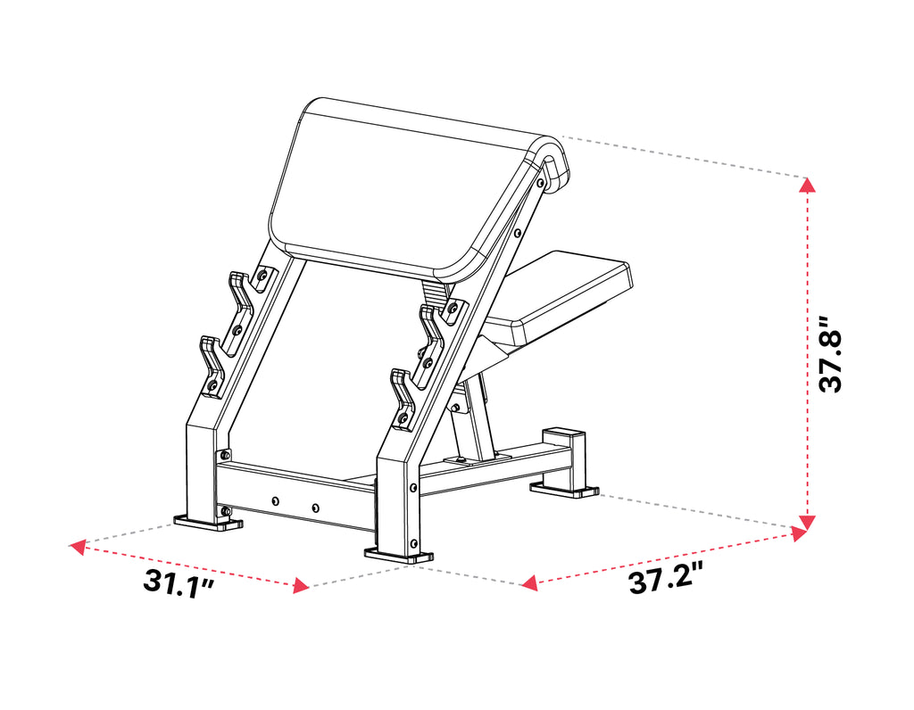Atletica Preacher Curl biceps bench with padded arm rest, red curl bar and weight plates