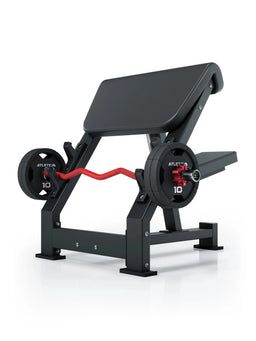 Atletica Preacher Curl biceps bench with padded arm rest, red curl bar and weight plates