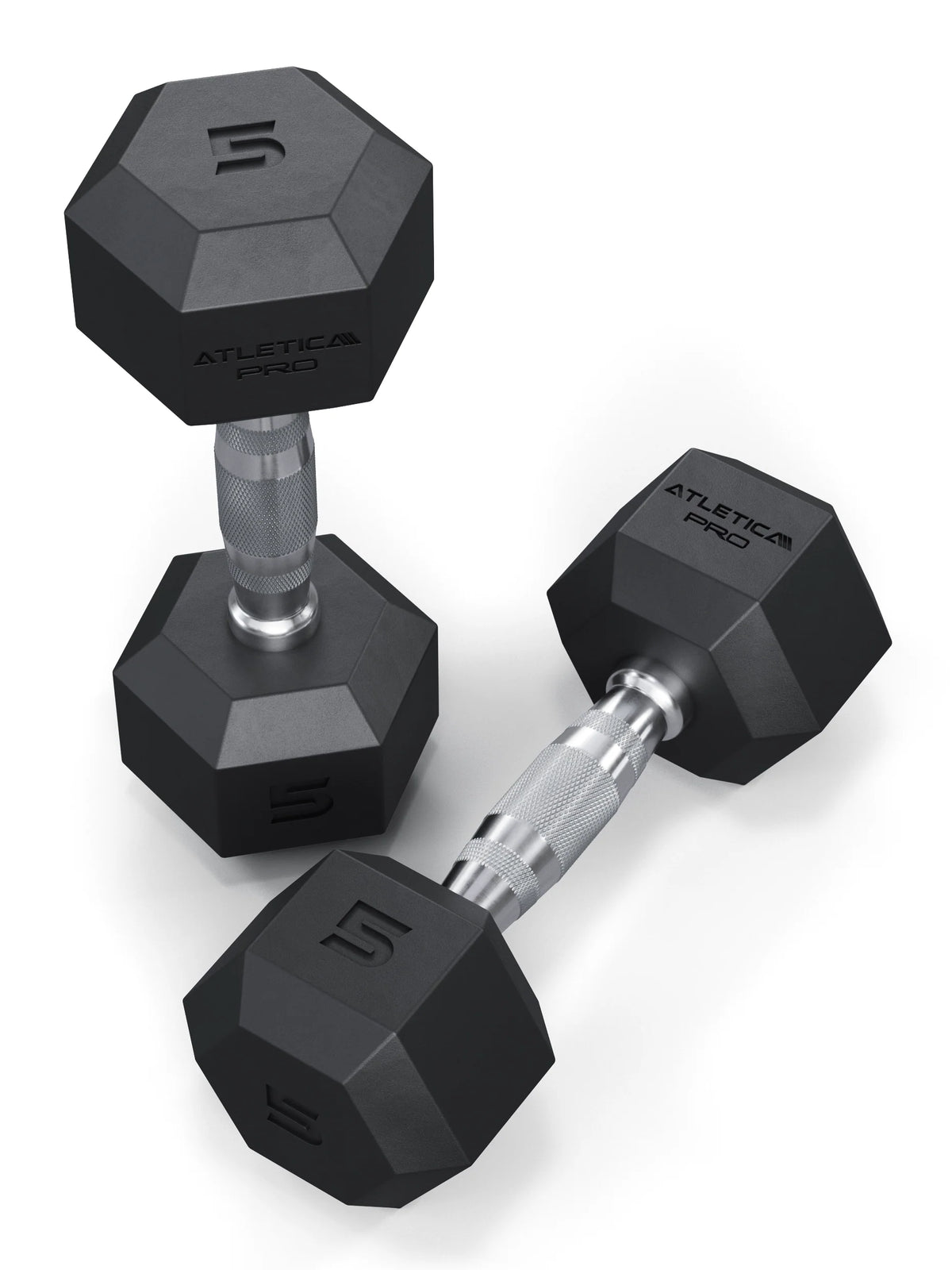 Atletica Hexagon PRO dumbbells 11 lb pair, one upright and one lying tilted, angled top view