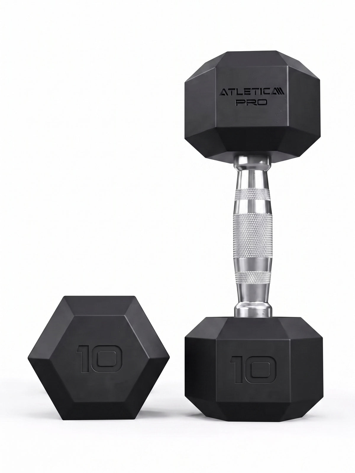 Hexagon PRO Dumbbells - Two 10 lb Dumbbells, One Standing, One Lying