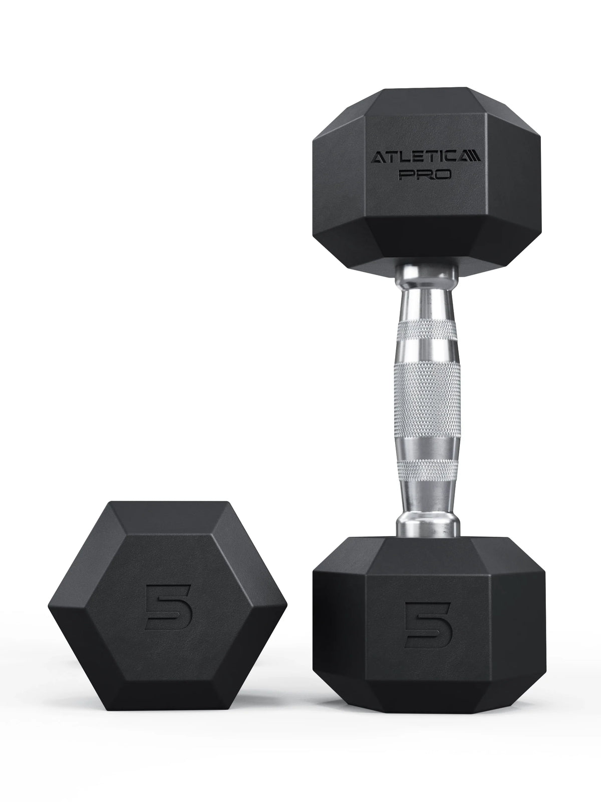 Atletica Hexagon PRO dumbbells 11 lb pair, one upright beside one lying on its side