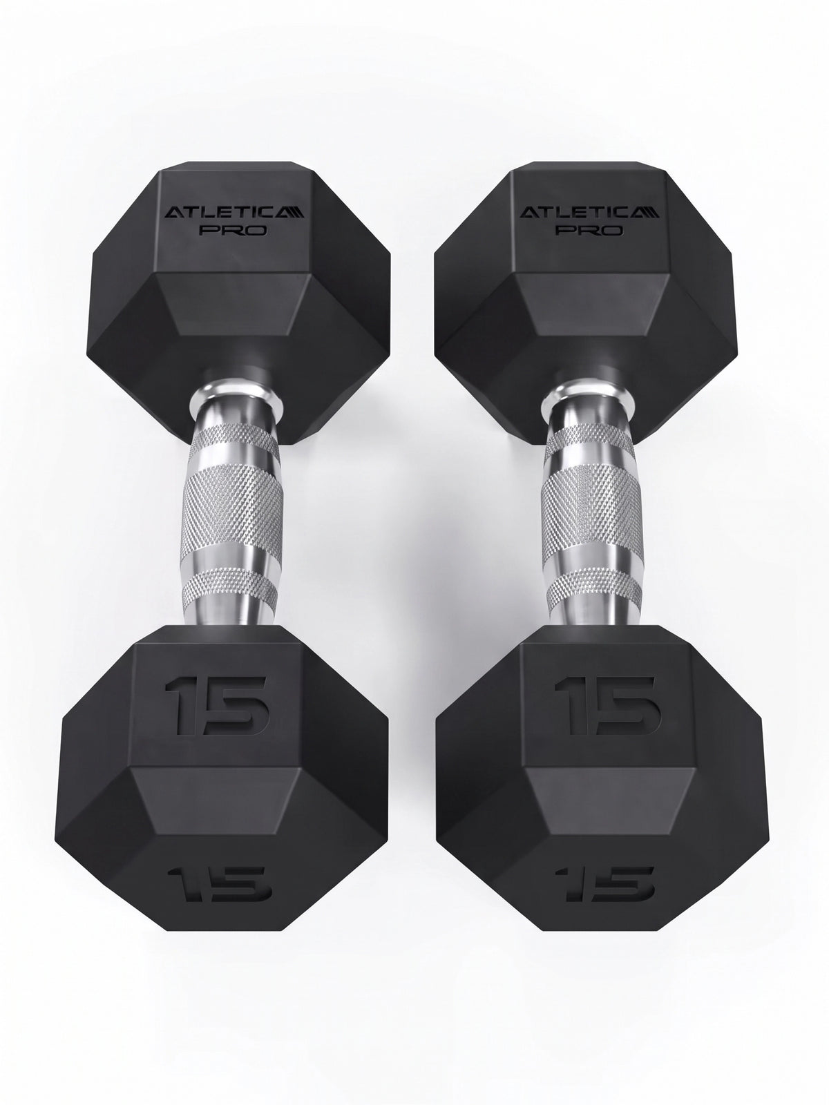 Hexagon Dumbbells PRO - Two hexagonal Dumbbells, each 15 lb, silver Handles,
