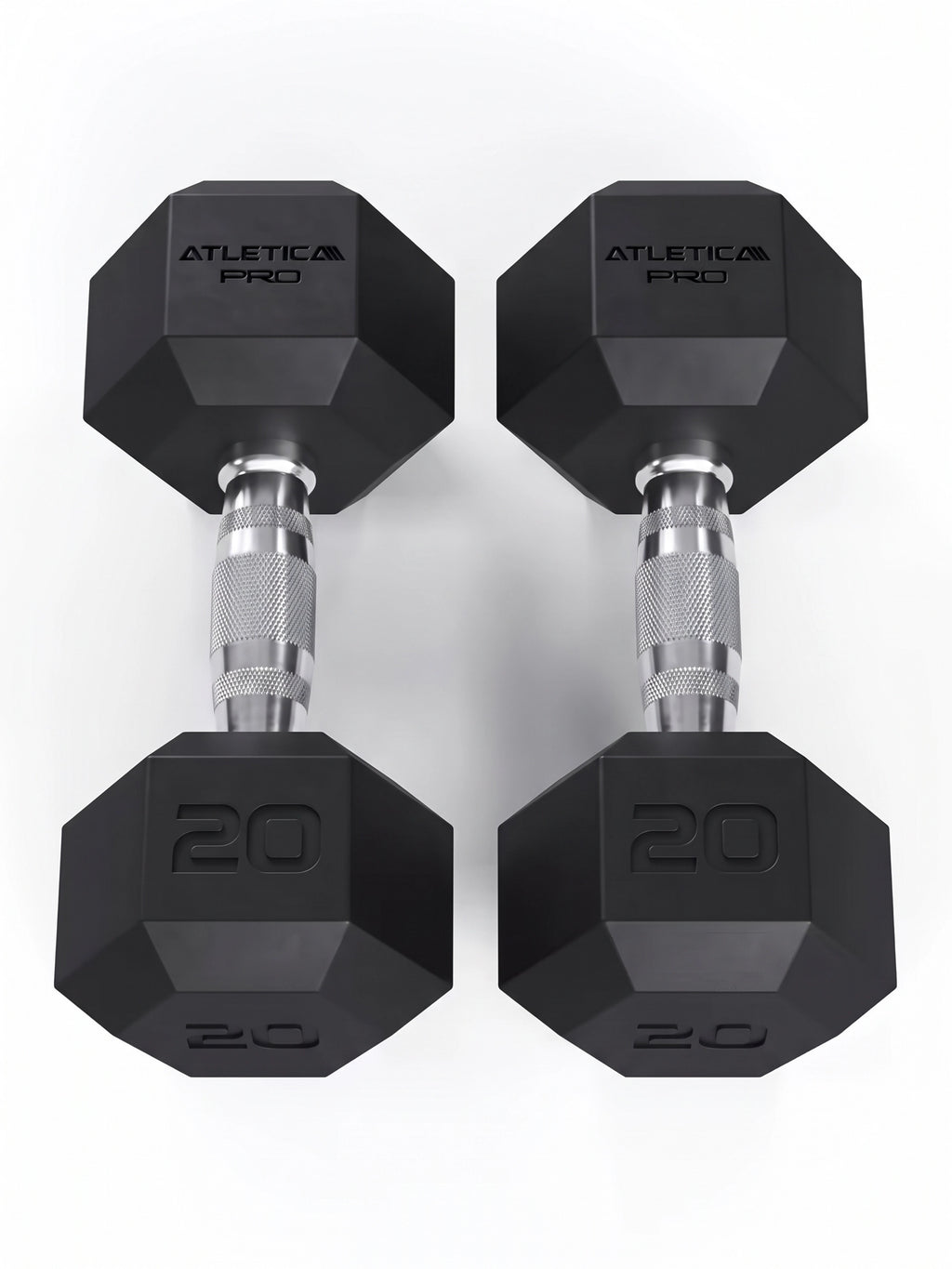 Hexagon Dumbbells PRO - two black Hexagon dumbbells, each 20 lb, silver grips,