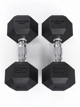 Hexagon Dumbbells PRO - two black Hexagon dumbbells, each 20 lb, silver grips,