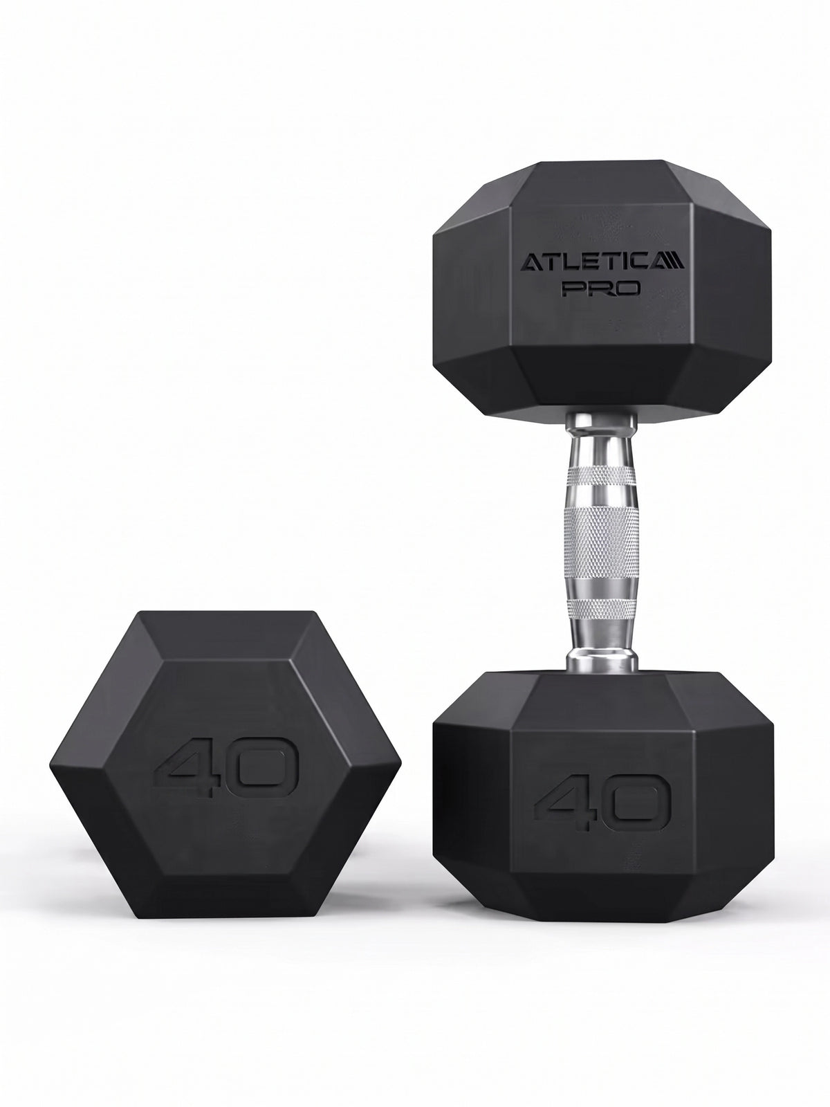 Hexagon PRO Dumbbells - two black Hexagon dumbbells, one standing, one lying, weight 40 lb