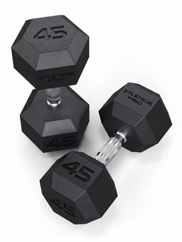 Hexagon PRO Dumbbells - two hexagonal dumbbells, black rubber coating, silver handles