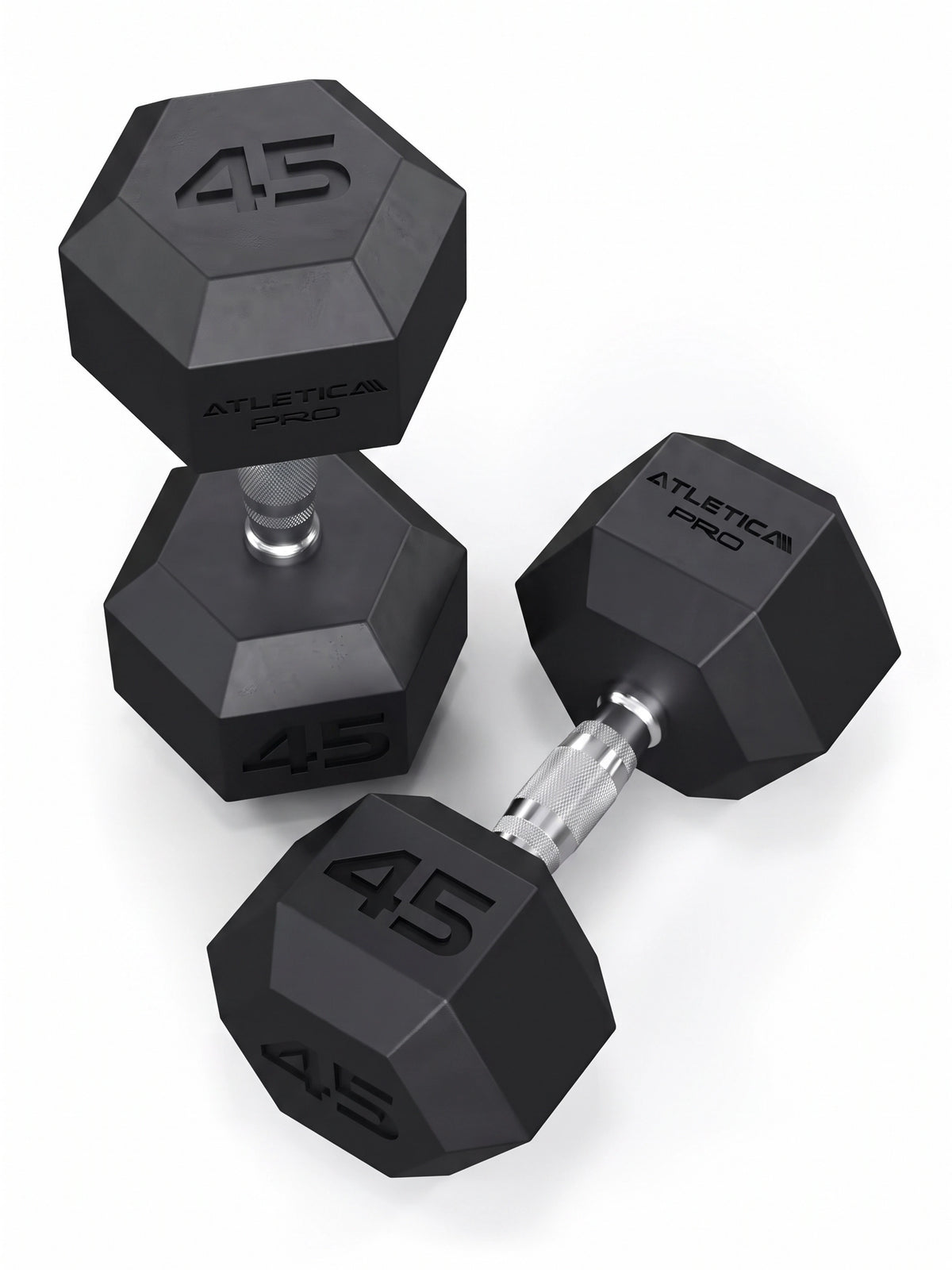 Hexagon PRO Dumbbells - two hexagonal dumbbells, black rubber coating, silver handles