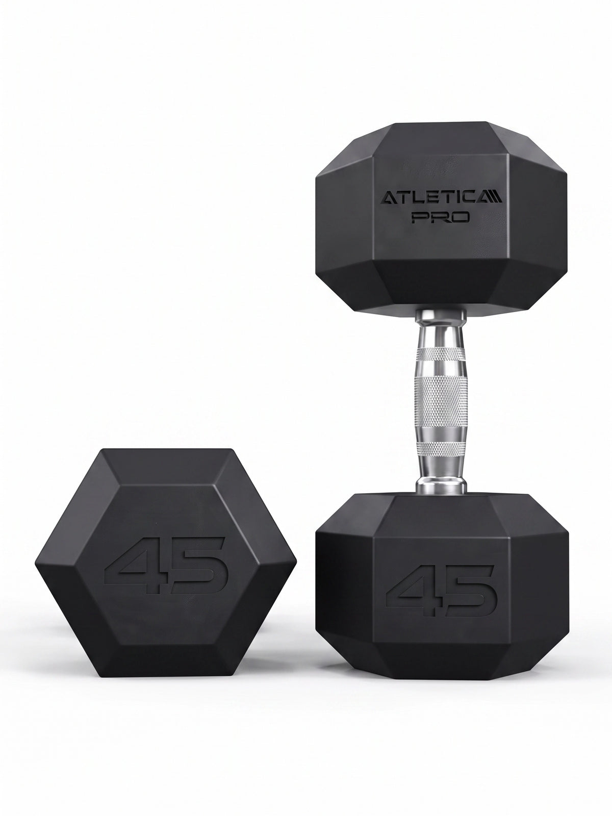 Hexagon PRO Dumbbells - Two hexagonal dumbbells 45 lb, one standing, one lying
