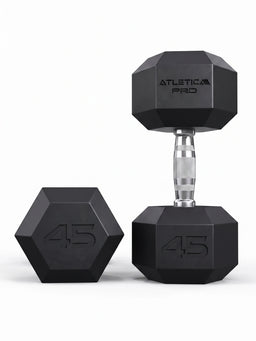 Hexagon PRO Dumbbells - Two hexagonal dumbbells 45 lb, one standing, one lying