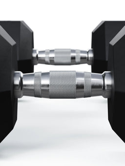 Hexagon PRO Dumbbells - hexagonal dumbbells with knurled handles, black weight, silver handles