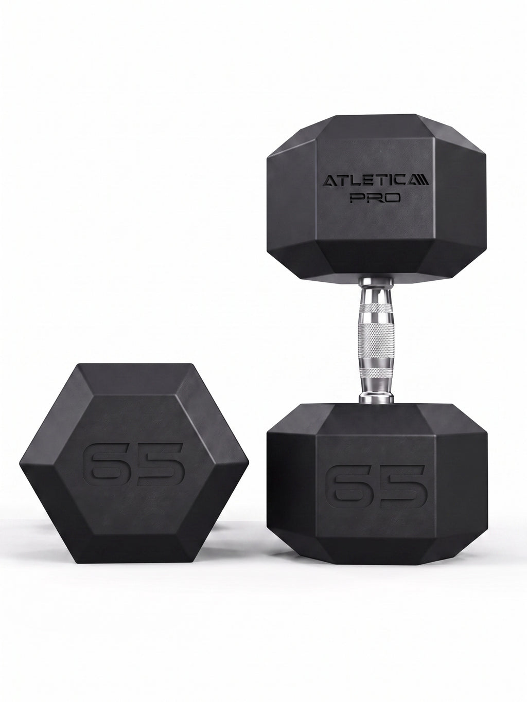 Hexagon PRO Dumbbells - hexagonal dumbbells 65 lb, two lying down, one standing