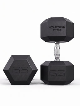 Hexagon PRO Dumbbells - hexagonal dumbbells 65 lb, two lying down, one standing