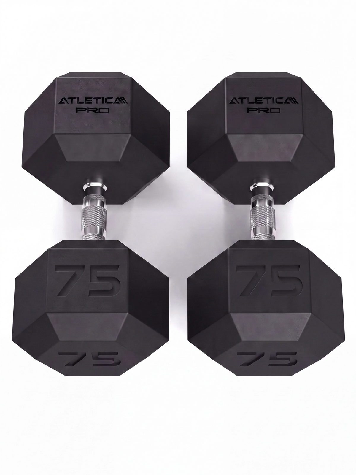 Hexagon PRO Dumbbells -hexagonal dumbbells 75 lb Pair, silver handles